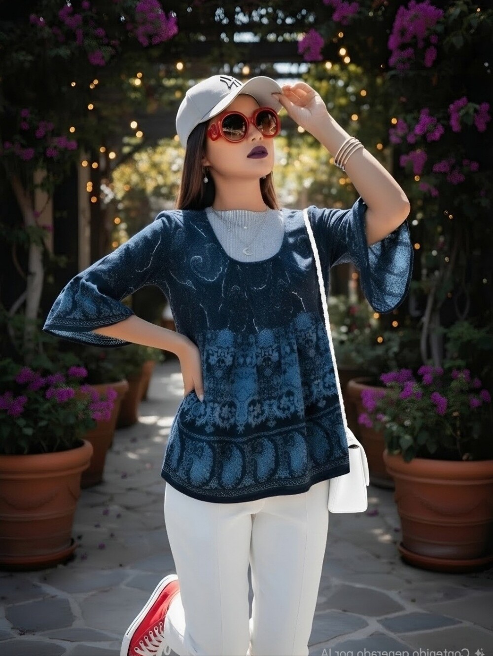 Bila Navy & Light Blue Paisley Bell Sleeve Tunic Size Size L